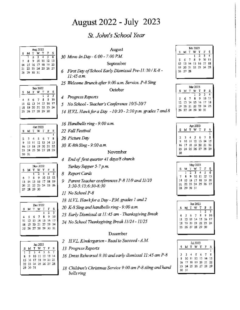 School Calendar St John's Lutheran Church and School